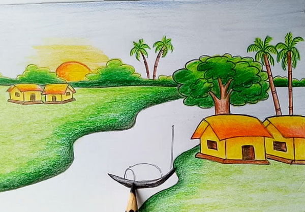   Tranh vẽ phong cảnh lớp 7 làng quê yên bình đẹp