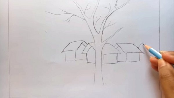 Dùng bút chì vẽ cành lá, sau đó tạo hình 3 ngôi nhà như hình vẽ.