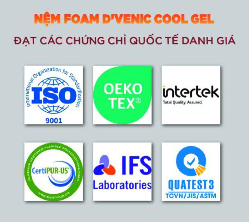 Nệm Foam D’Venic Cool Gel đạt những chứng chỉ quốc tế chất lượng